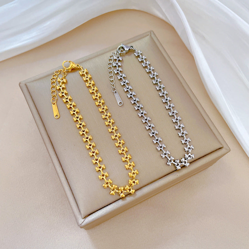 Pulsera de Cadena de Caja de Acero Inoxidable Vintage con Dijes de Corazón y Hueso de Perro, Bañada en Oro