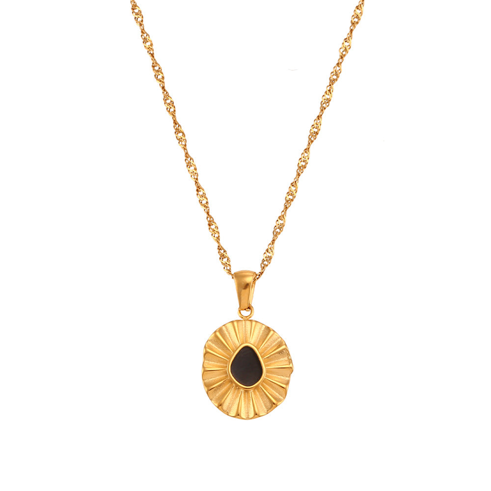 Minimalist Retro Sunflower Pendant Necklace in Stainless Steel with Wavy Chain and Enamel Detail for Women