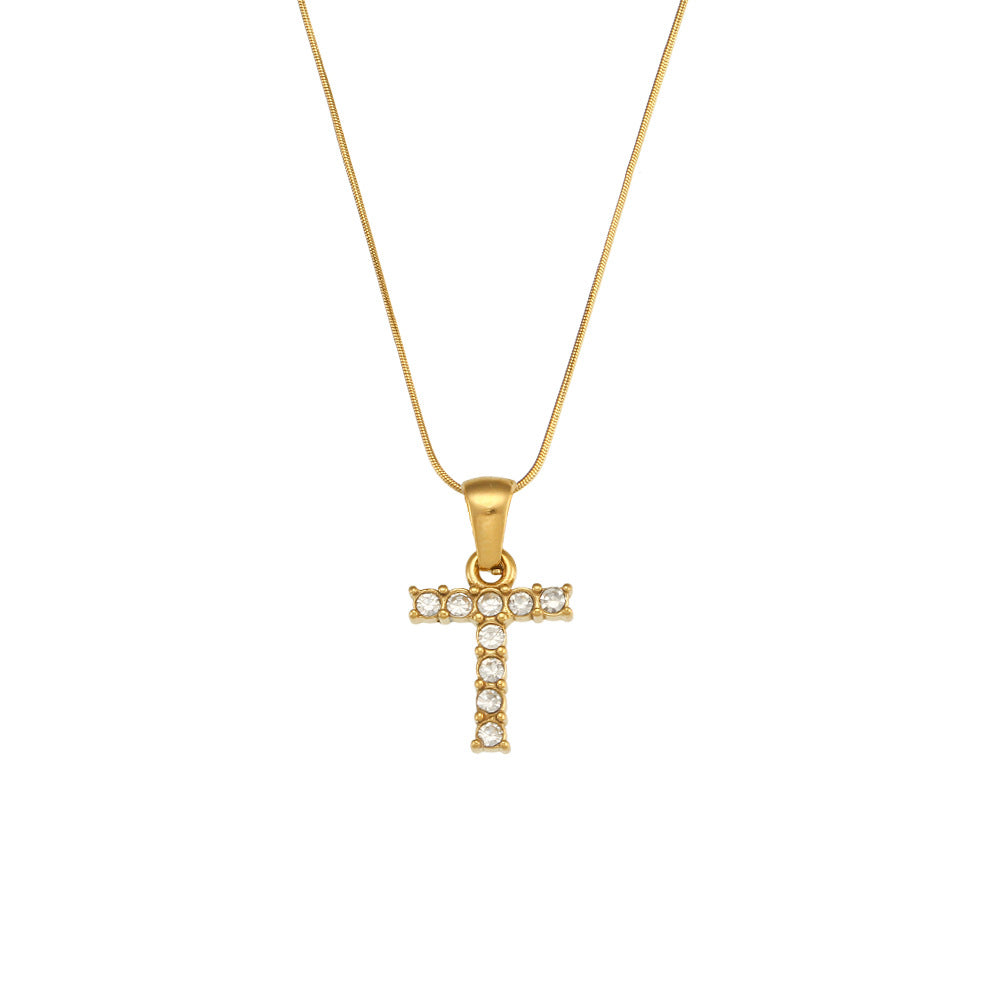 Fashion Minimalist Letter Pendant Necklace in Stainless Steel with 18K Gold Plating and Cubic Zirconia on Thin Snake Chain for Women