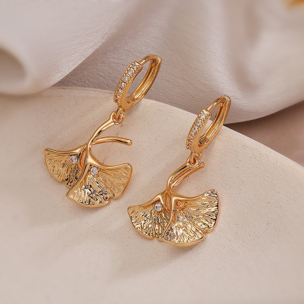 Minimalist Ginkgo Leaf Shaped Earrings for Women with Zircon Inlay on Copper Base