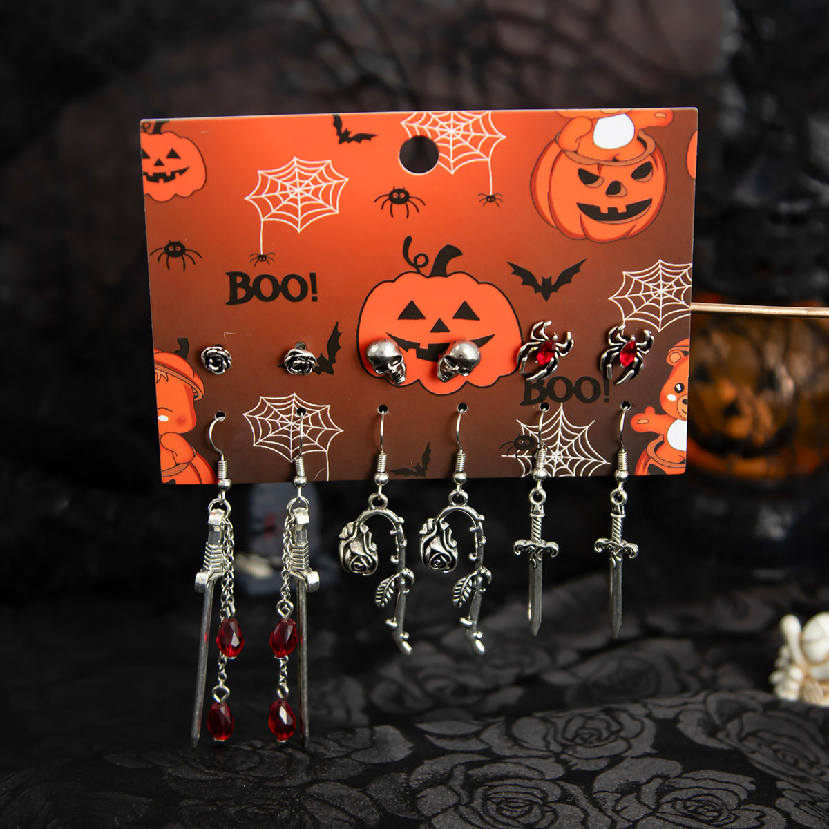 Vintage Alloy Plated Animal Shape Crystal Tassel Earrings Set with Bat and Rose Design for Women