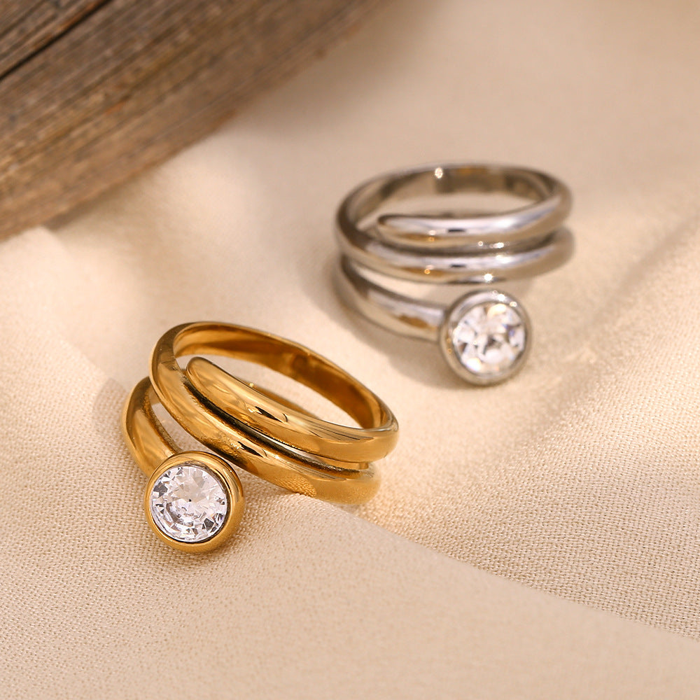 Minimalist Geometric Stainless Steel Plated 18K Gold Double-Layer Snake Head Ring with White Rhinestones for Women