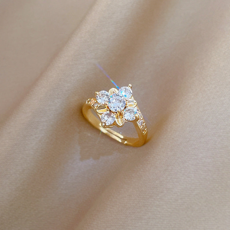 Sweet Gold Plated Floral Cubic Zirconia Adjustable Ring for Women and Men