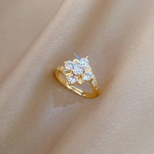 Sweet Gold Plated Floral Cubic Zirconia Adjustable Ring for Women and Men
