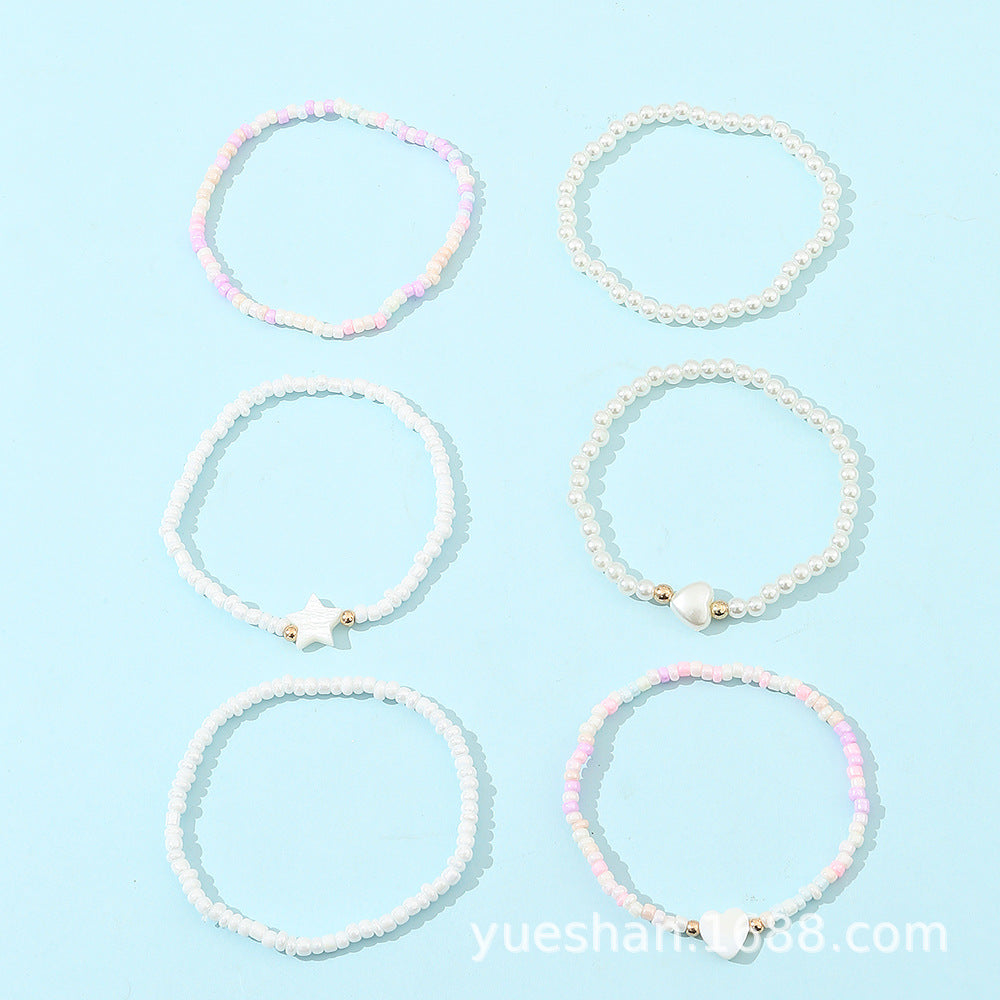 Sweet Cute Children's Heart and Star Shaped Glass Beaded Pearl Bracelet Set for Girls in Princess Style