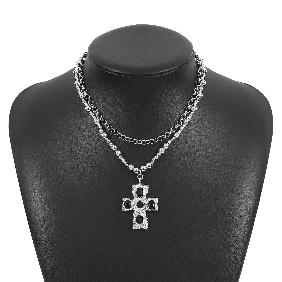 Collar con colgante de cruz vintage artístico minimalista para mujer, de aleación con incrustaciones de diamantes de imitación en cadena de bolas