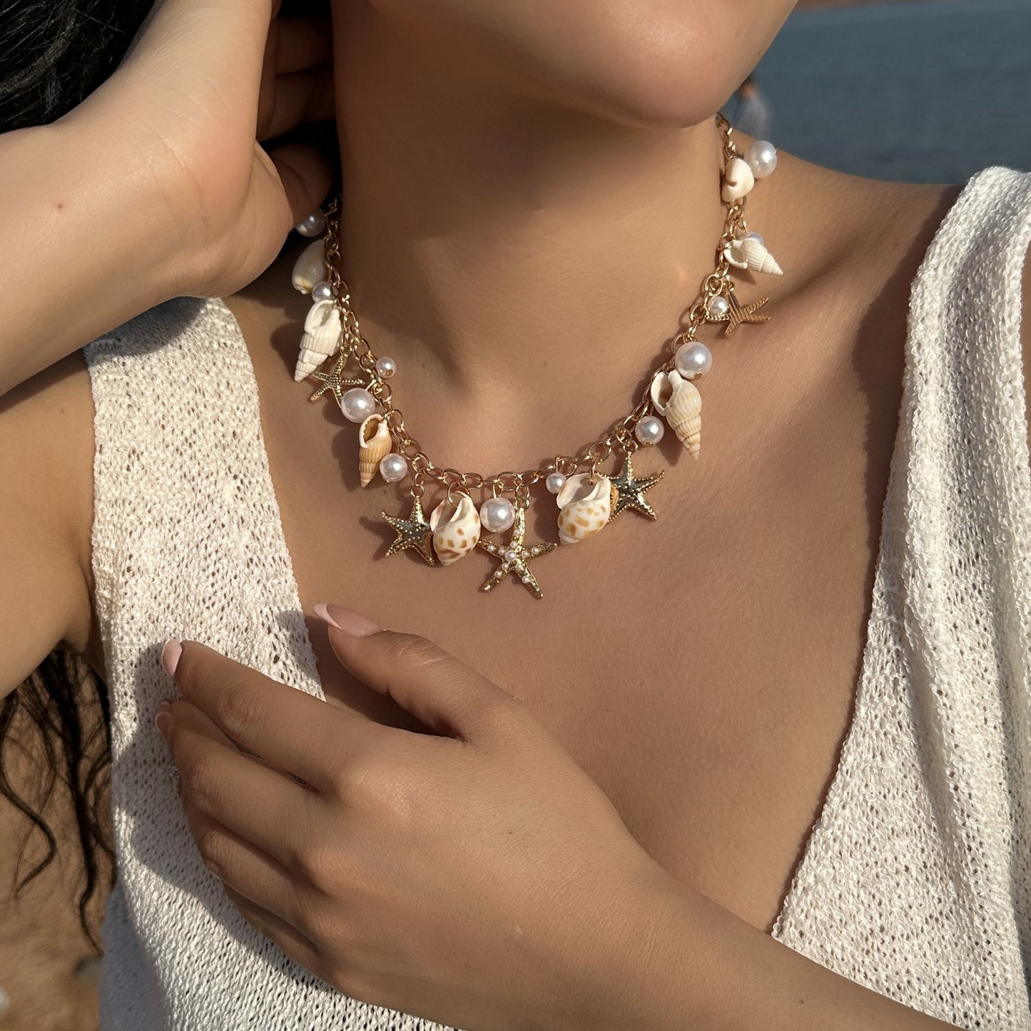 Collana Bohemien con Ciondolo in Lega a Concha e Stella Marina con Catena a Sfera per Donna
