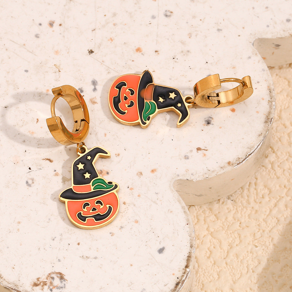 Cartoon Pumpkin Halloween Earrings for Women Stainless Steel with 18K Gold Plating