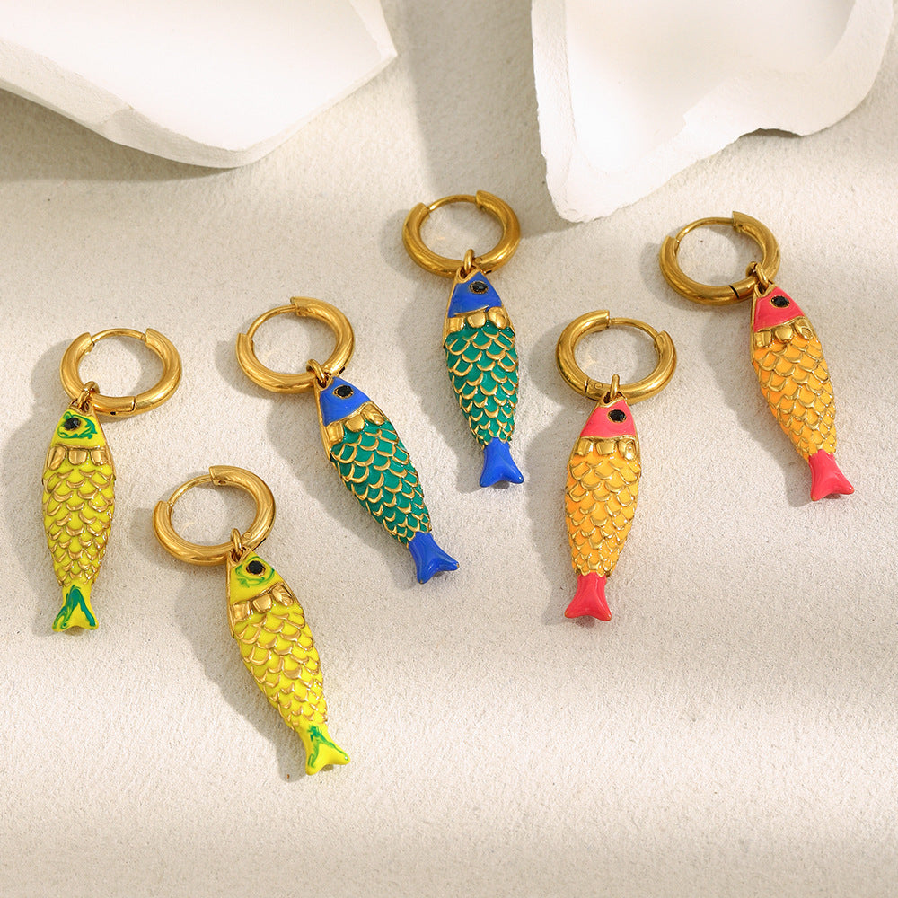 Luxury Style Fish-Shaped Stainless Steel Earrings with 18K Gold Plating and Enamel Finish