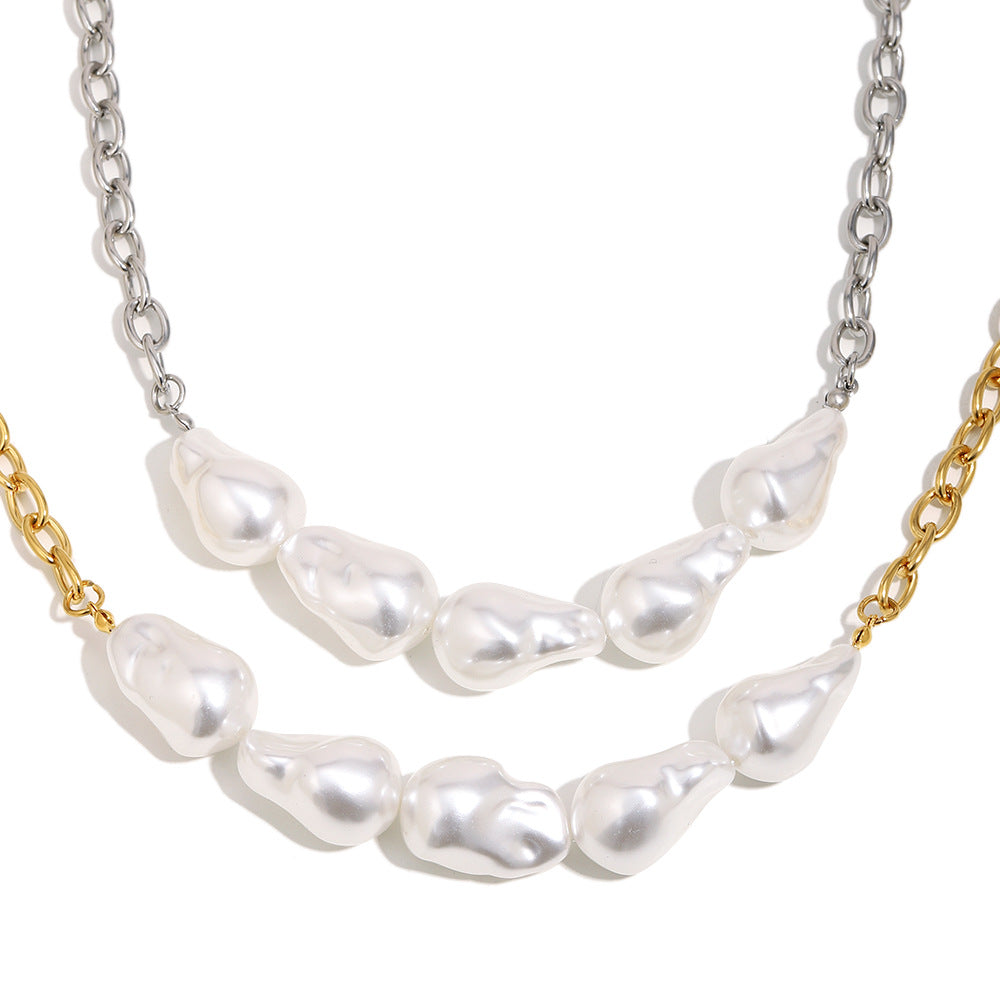 Collana da donna con ciondolo a perla barocca in acciaio inossidabile placcato oro 18 carati con catena a maglie, design geometrico minimalista e lussuoso