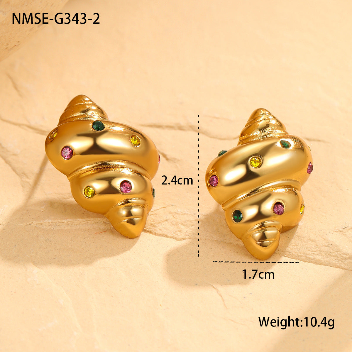 Pendientes de acero inoxidable a la moda con forma de cruasán e incrustaciones de circonitas de colores para mujer
