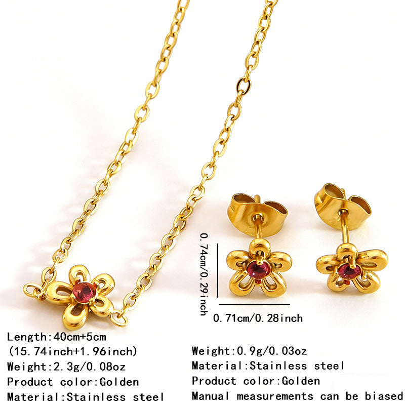 Set collana e orecchini in acciaio inossidabile placcato oro con zirconi cubici, motivo floreale vintage ed elegante