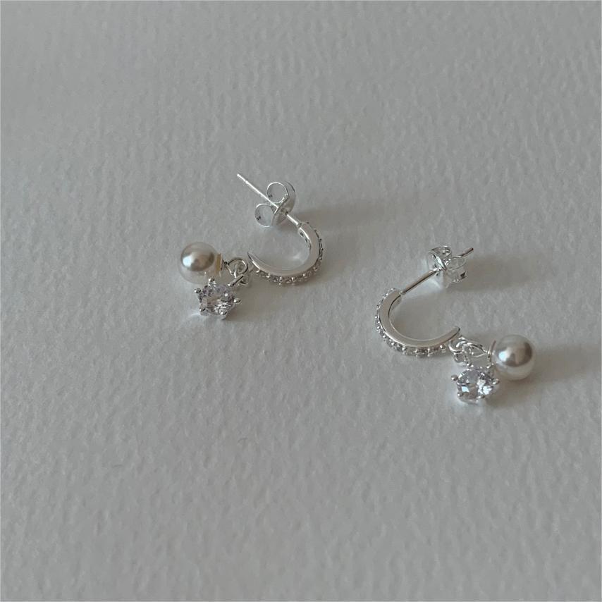 Minimalist Sweet 925 Sterling Silver Geometric Six-Prong Cubic Zirconia Pearl Stud Earrings Gold Plated