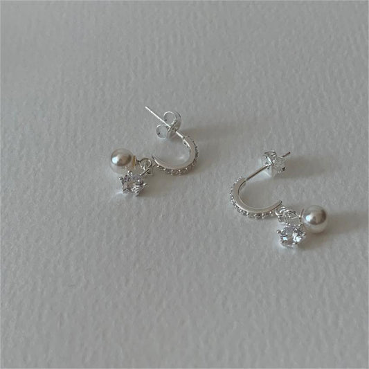 Minimalist Sweet 925 Sterling Silver Geometric Six-Prong Cubic Zirconia Pearl Stud Earrings Gold Plated