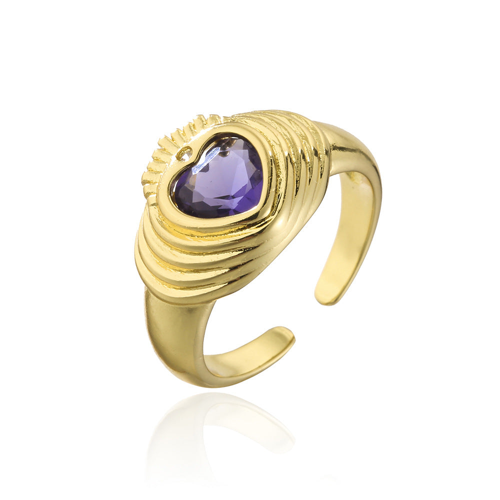 Anello aperto geometrico stile vintage da donna in rame placcato oro 18K con intarsio di zirconi