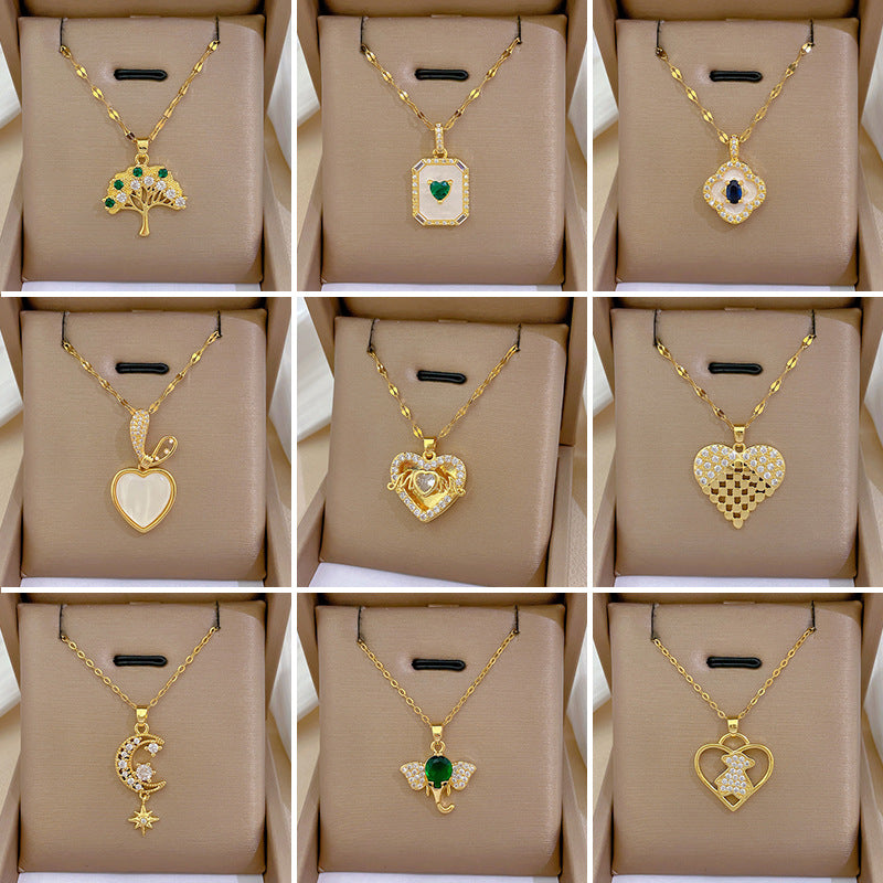 Collana di lusso in acciaio al titanio con cuore geometrico, strass e catena a labbra per donne e uomini
