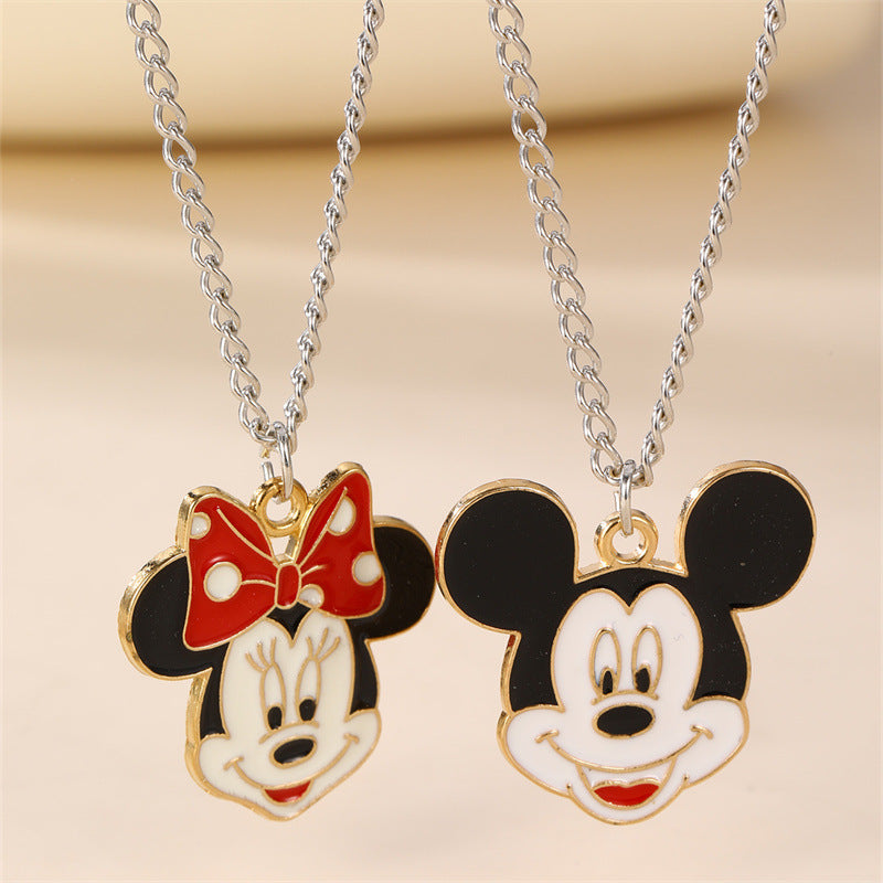 Cartoon Minnie Mouse and Mickey Mouse Resin Pendant Necklace with Bowknot Shape, Enamel Finish, Round Bead Chain, for Kids and Children