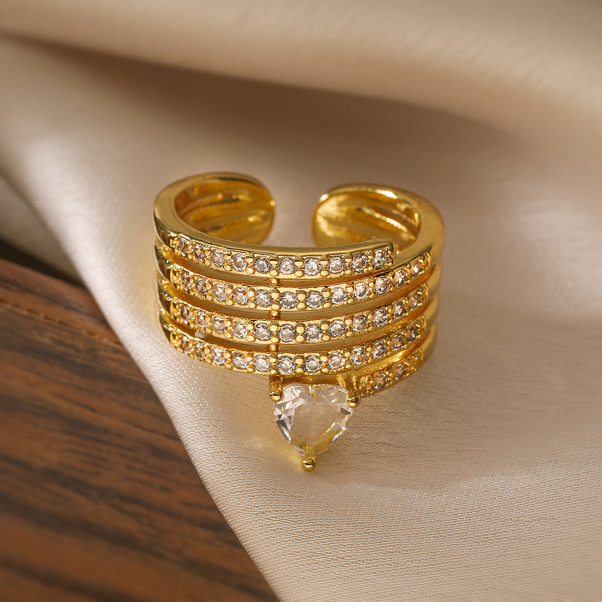 Anello Aperto Geometrico Minimalista da Donna in Rame con Placcatura in Oro Vero e Intarsi di Zirconi