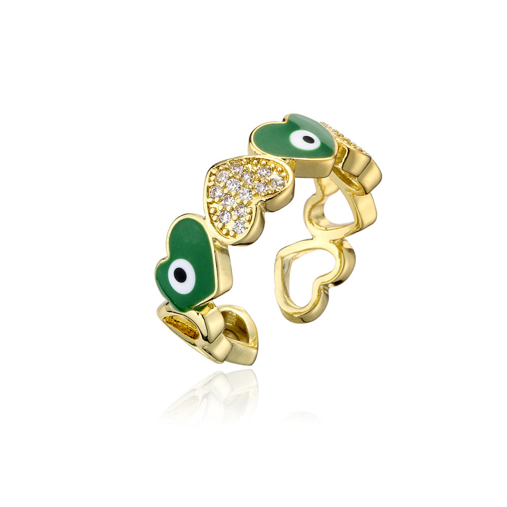 Casual Gold Drip Oil Heart Geometric Brass Ring with Cubic Zirconia for Women