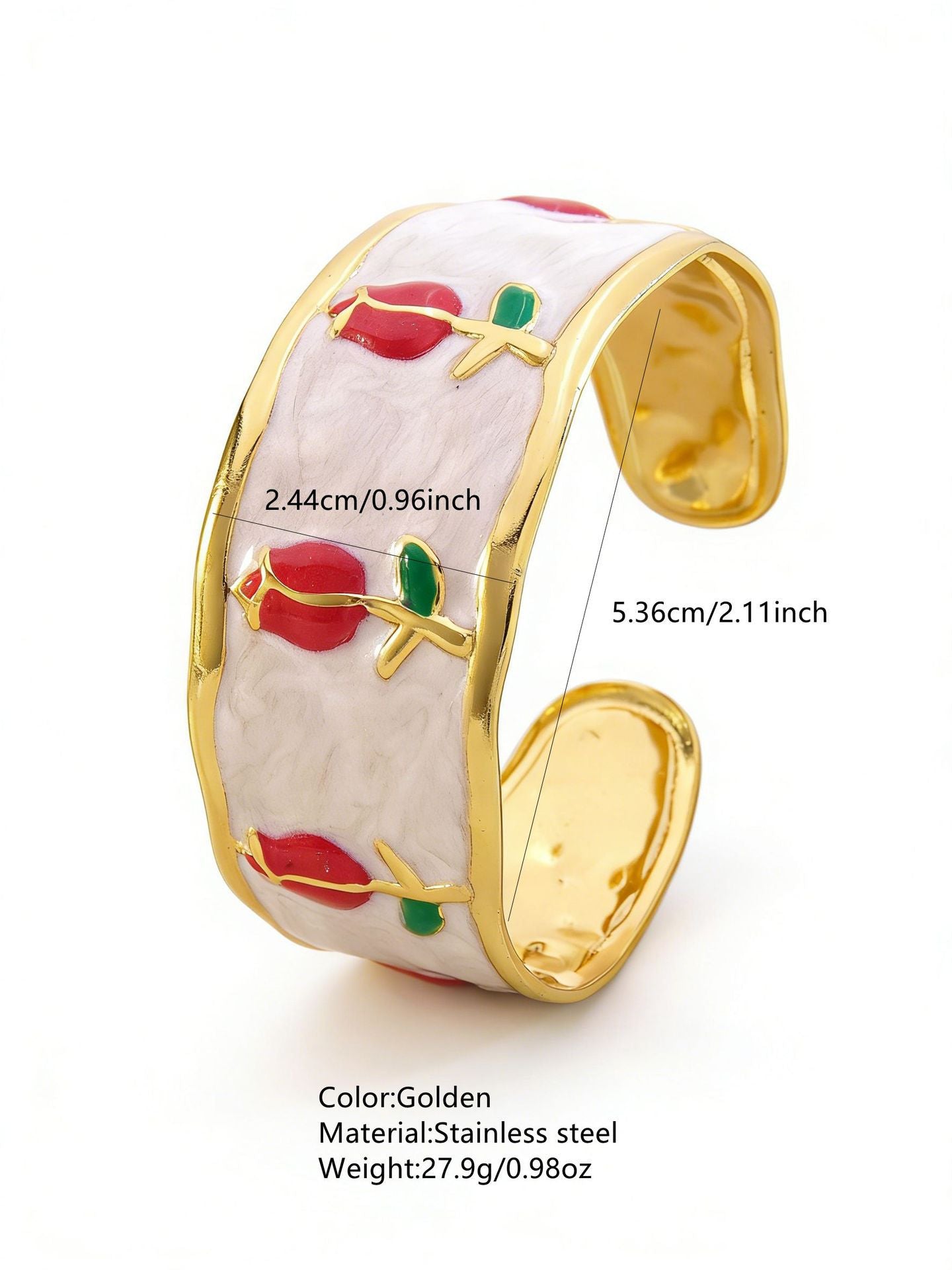 Elegante Pulsera Abierta de Lujo Floral con Esmalte de Aceite de Acero Inoxidable y Titanio con Cereza