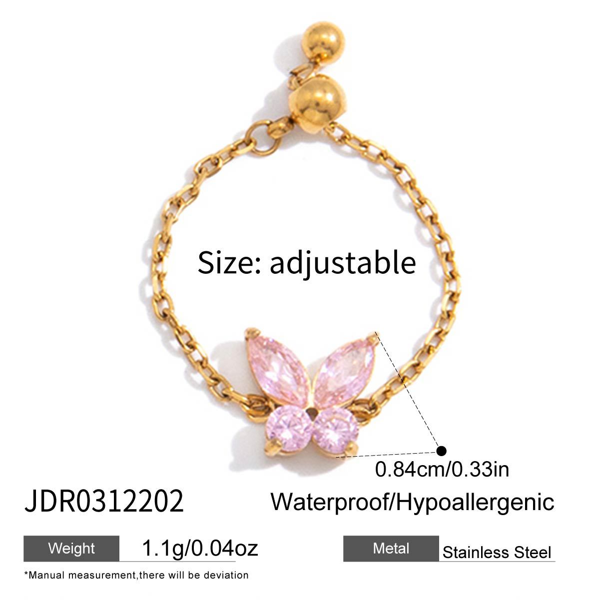 Minimalist Geometric Butterfly Titanium Steel Ring with Cubic Zirconia PVD Plated Adjustable for Women