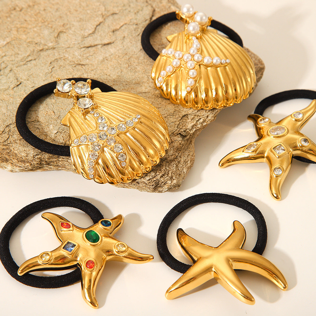 Trendy 18K Gold Plated Stainless Steel Seashell Starfish Hair Tie with Rhinestone Inlay for Women