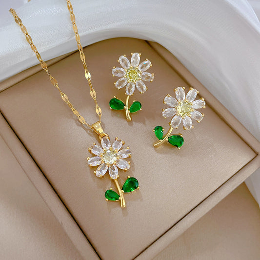 Luxury Titanium Steel Geometric Leaf and Flower Necklace and Earrings Set for Women, Micro-Paved, Plated, Elegant Party Jewelry