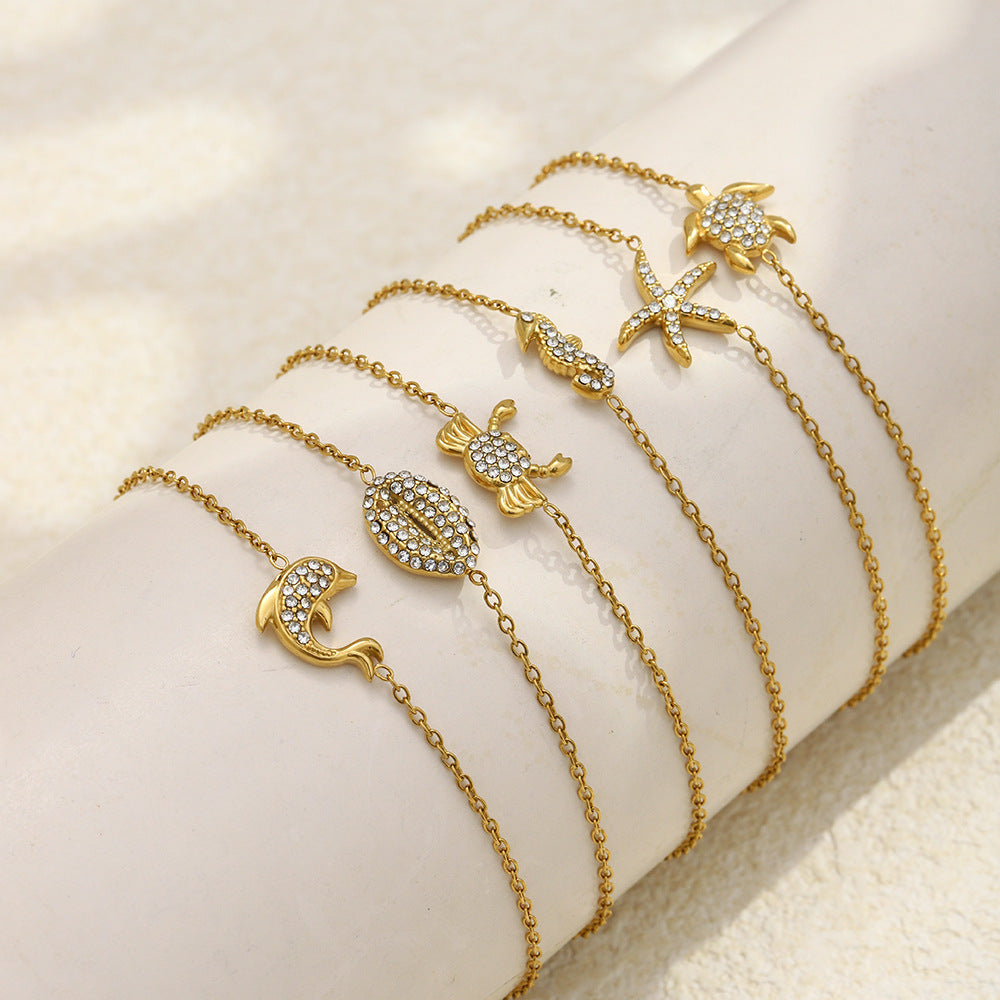 Minimalist 18K Gold Plated Geometric Stainless Steel Bracelet with Rhinestone for Women