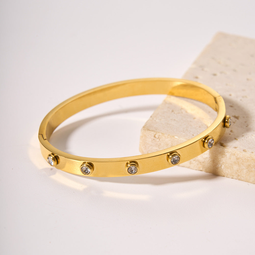Minimalist Geometric Rhinestone-Embellished 18K Gold-Plated Stainless Steel Bracelet for Women