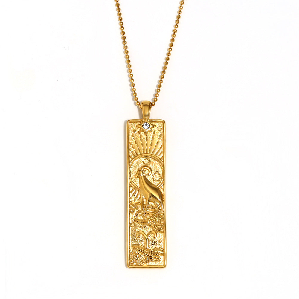 Vintage Geometric Zodiac Pendant Necklace for Women Stainless Steel with 18K Gold Plating Square Charm