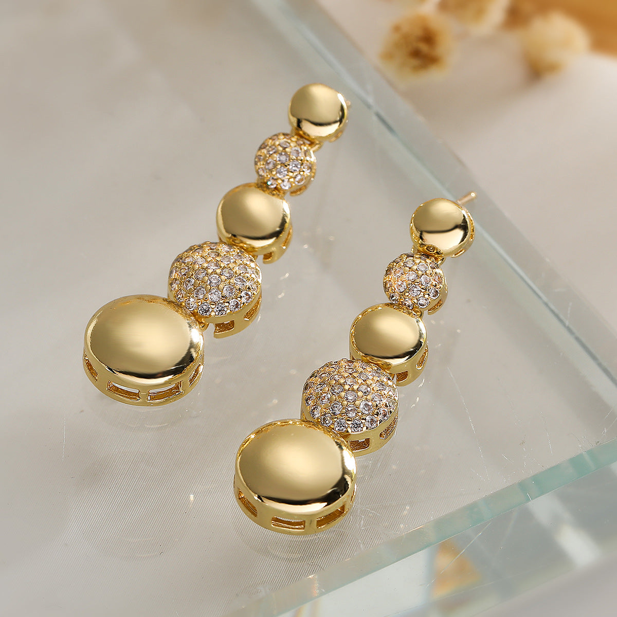 Minimalist Geometric Drop Earrings for Women in Brass with 18K Gold Plating and Zircon Accents