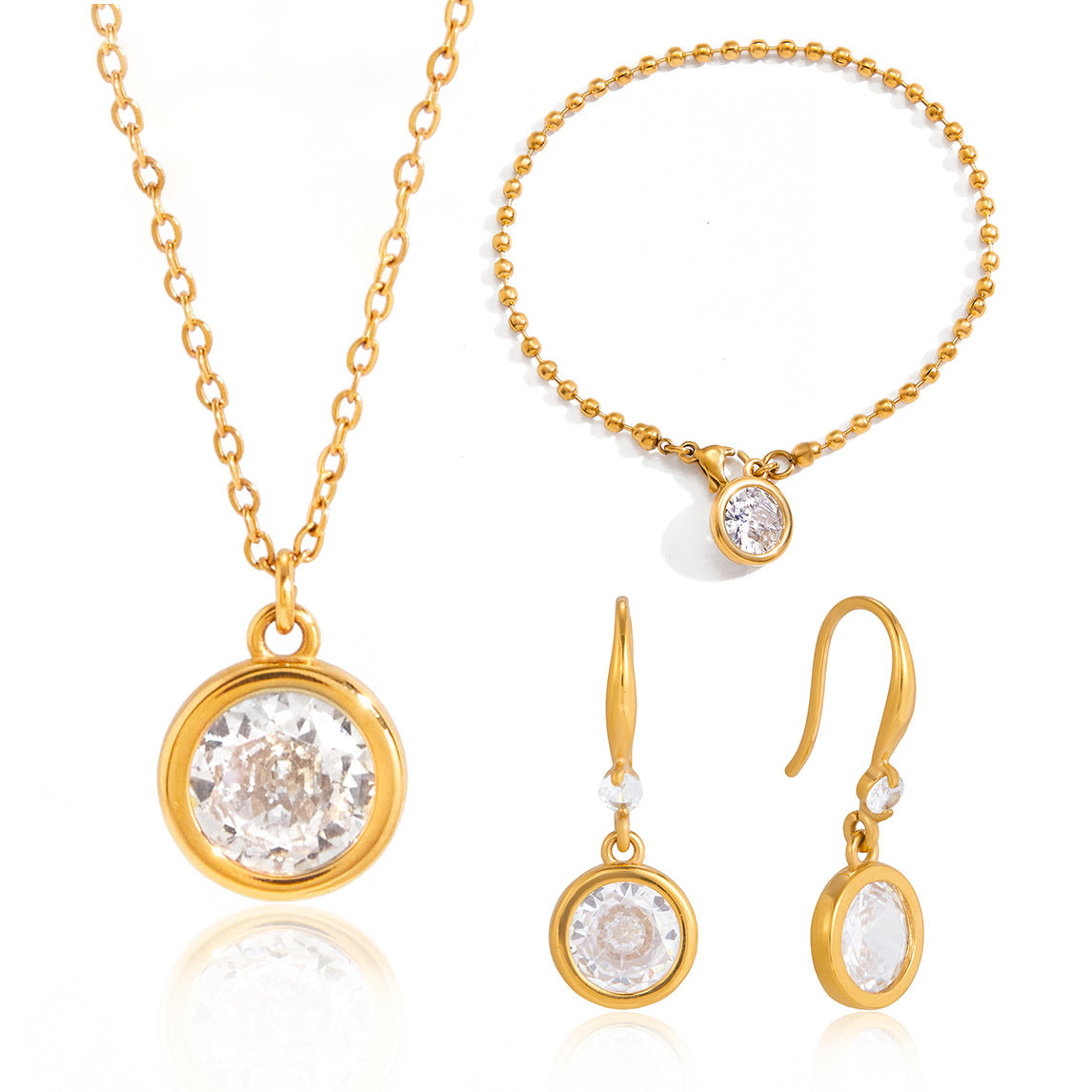 Elegant Round Geometric Cubic Zirconia Stainless Steel and Titanium Steel Jewelry Set for Women with Plated Cable Chain