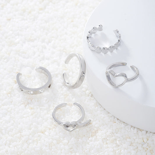 Minimalist Sweet Heart Geometric Plated Alloy Ring Set for Women