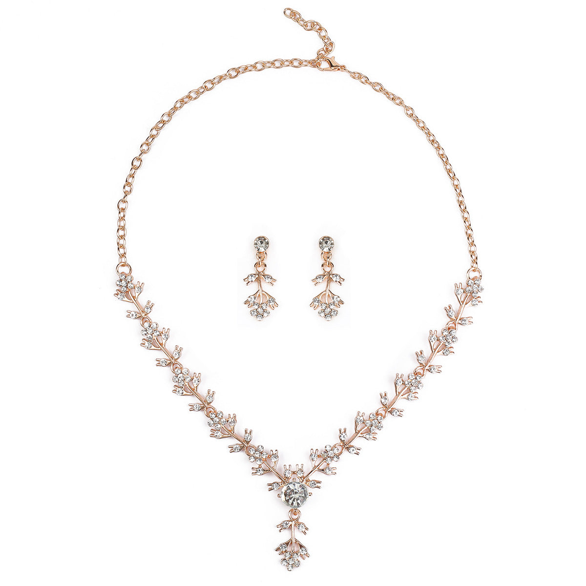 Elegant Luxury Floral Wedding Necklace and Earrings Set for Women with Alloy Pendant, Rhinestone Inlay, Plated Finish, and O-Chain