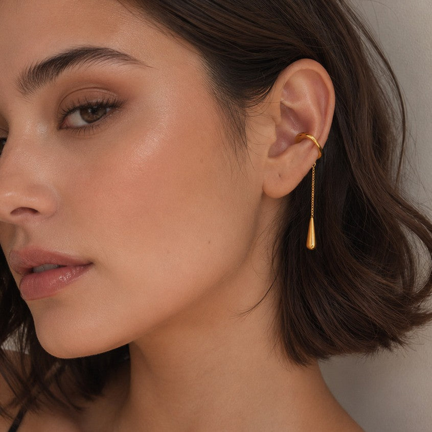 Minimalist Teardrop Stainless Steel PVD Plated C-Shaped Ear Cuff with Tassel Chain