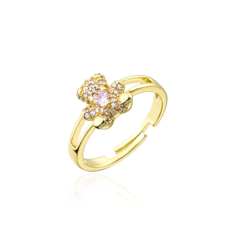 18K Gold Plated Brass Micro-Inlaid Cubic Zirconia Bear Ring Adjustable Open Design for Women