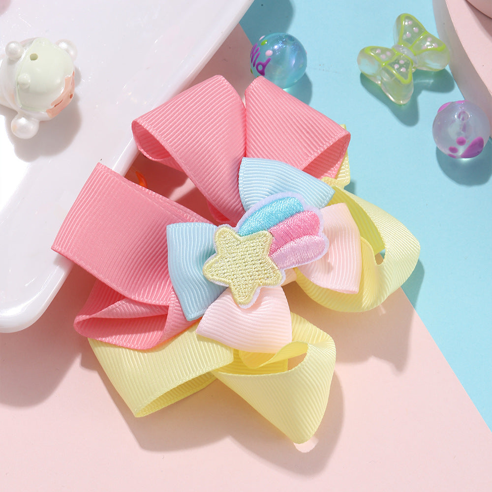 Cartoon Bow Hair Clip for Kids in Rainbow Color Pattern with Embroidery and Handmade Fabric Construction