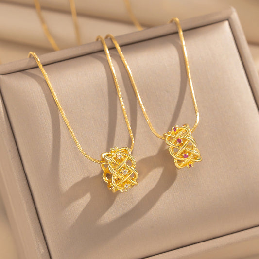 Light Luxury Minimalist Hollow Geometric Hourglass Copper Zircon Necklace with 18K Real Gold Plating and Star Compass Pattern for Women
