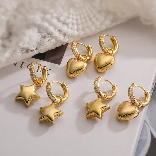 Pendientes de cobre minimalistas con forma de corazón, chapado en oro y detalles de circonita para mujer
