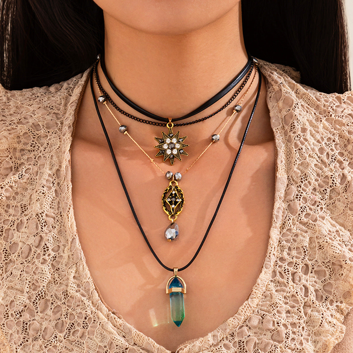 Vintage Baroque Pearl Star Teardrop Pendant Zinc Alloy Plated Multi-Layer Necklace for Women