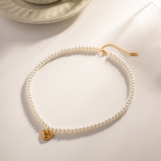 Fashionable 18K Gold Plated Stainless Steel Heart Pearl Pendant Necklace for Women