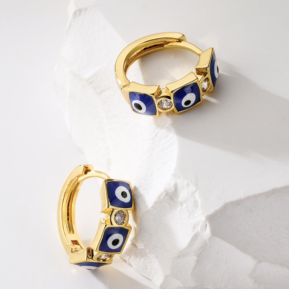 Orecchini a Cerchio Geometrici Color Rame in Stile Vintage con Placcatura in Oro 18K e Dettaglio Occhio Smaltato da Donna