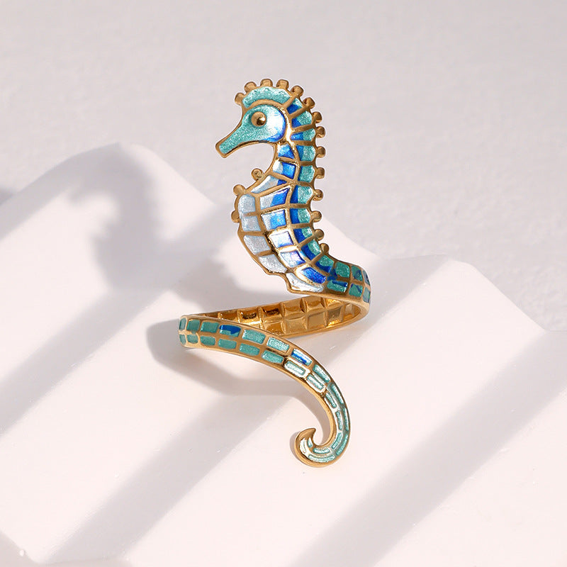 Anello aperto da donna minimalista con cavalluccio marino in acciaio inossidabile placcato oro 18K