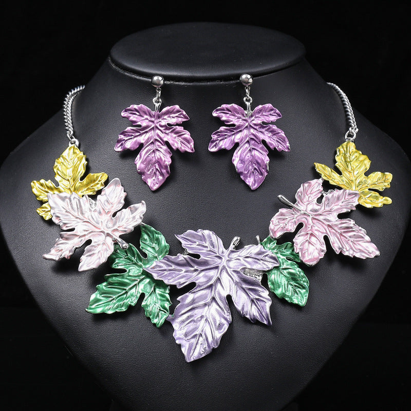 Exaggerated Vintage Maple Leaf Enamel Alloy Necklace and Earrings Set with Leaf Motif for Women