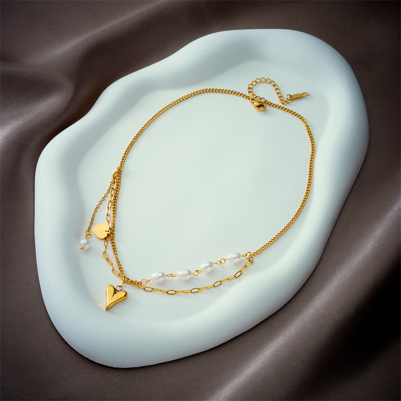 Irregular Chain Pearl Heart Pendant Stainless Steel Double Layer Necklace for Women