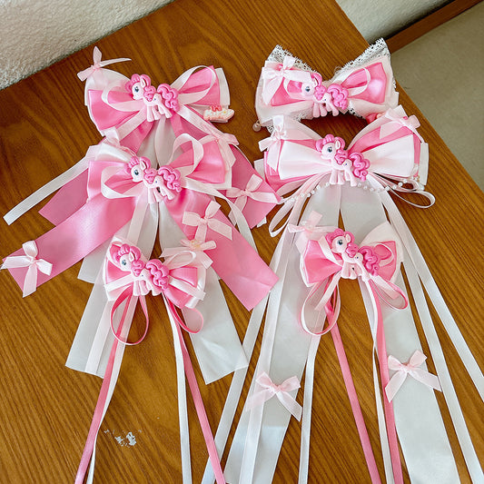 Cartoon Pony-Themed Hair Clip for Girls with Ribbon Bow and Tassel Decorations Made of Fabric