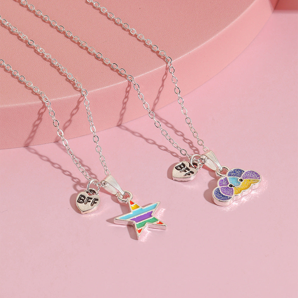 Collar con colgante de aleación con forma de estrella estilo dibujo animado para niñas con acabado esmaltado, cadena cruzada ajustable, colección Princesa