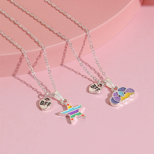 Cartoon Style Star-Shaped Alloy Pendant Necklace for Girls with Enamel Finish, Adjustable Cross Chain, Princess Collection