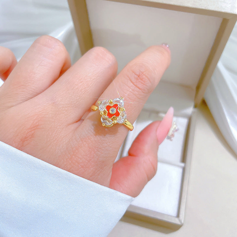 Minimalist Sweet Gold Plated Brass Clover Adjustable Ring for Women and Couples