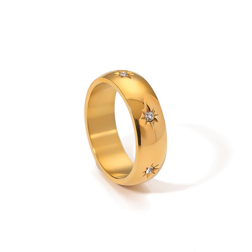 Anello da donna minimalista in acciaio al titanio con stella a otto punte e intarsi di strass